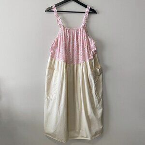 Handmade Plus Size Cotton Pink Cream Floral Elastic Straps Patch Pockets Dress